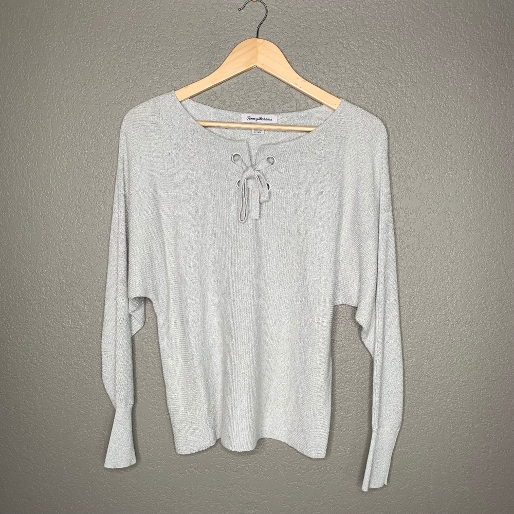 Gray Metallic Tommy Bahama Lace Up Dolman Sleeve Sweater